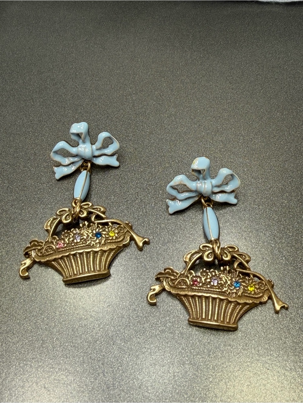 Blue Bow & Gold Basket Floral Drop pierced Earrings #354ue